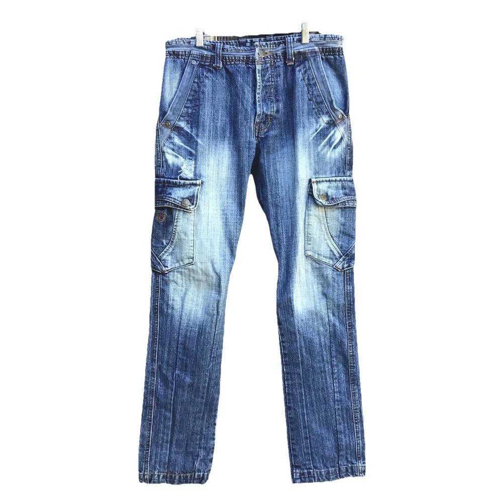IB Blue Distressed Cargo Jeans Y2K Baggy Utility Denim Size 32 33x33